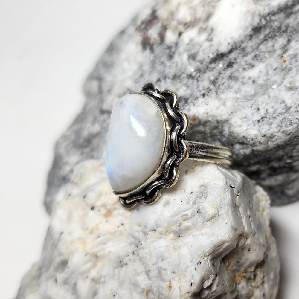 Rainbow Moonstone Ring Hand Crafted Moon Shaped S… - image 3